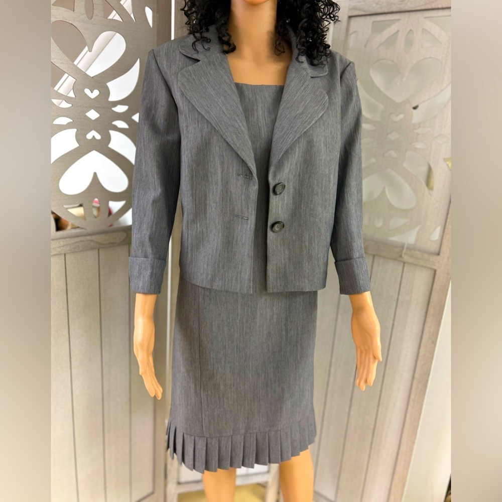 Perceptions NY Gray Sleeveless Dress with Jacket Box Pleats Size 14